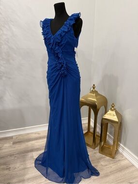 Alex Evenings Royal Blue Ruffled V-Neck Maxi Gown *NEW”
